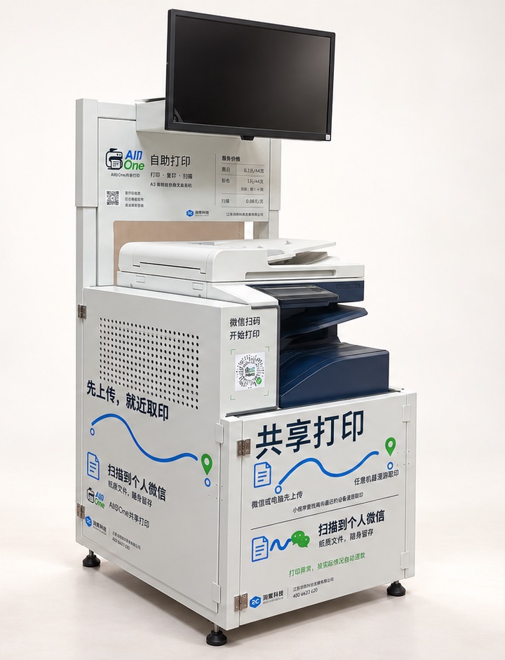 all印one共享打印设备产品示意，基于用户实机参考进行AI编辑