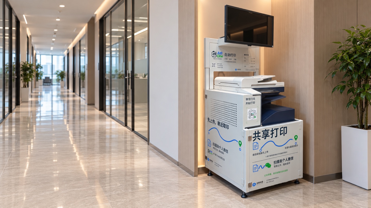all印one写字楼公共区域共享文印应用场景AI示意