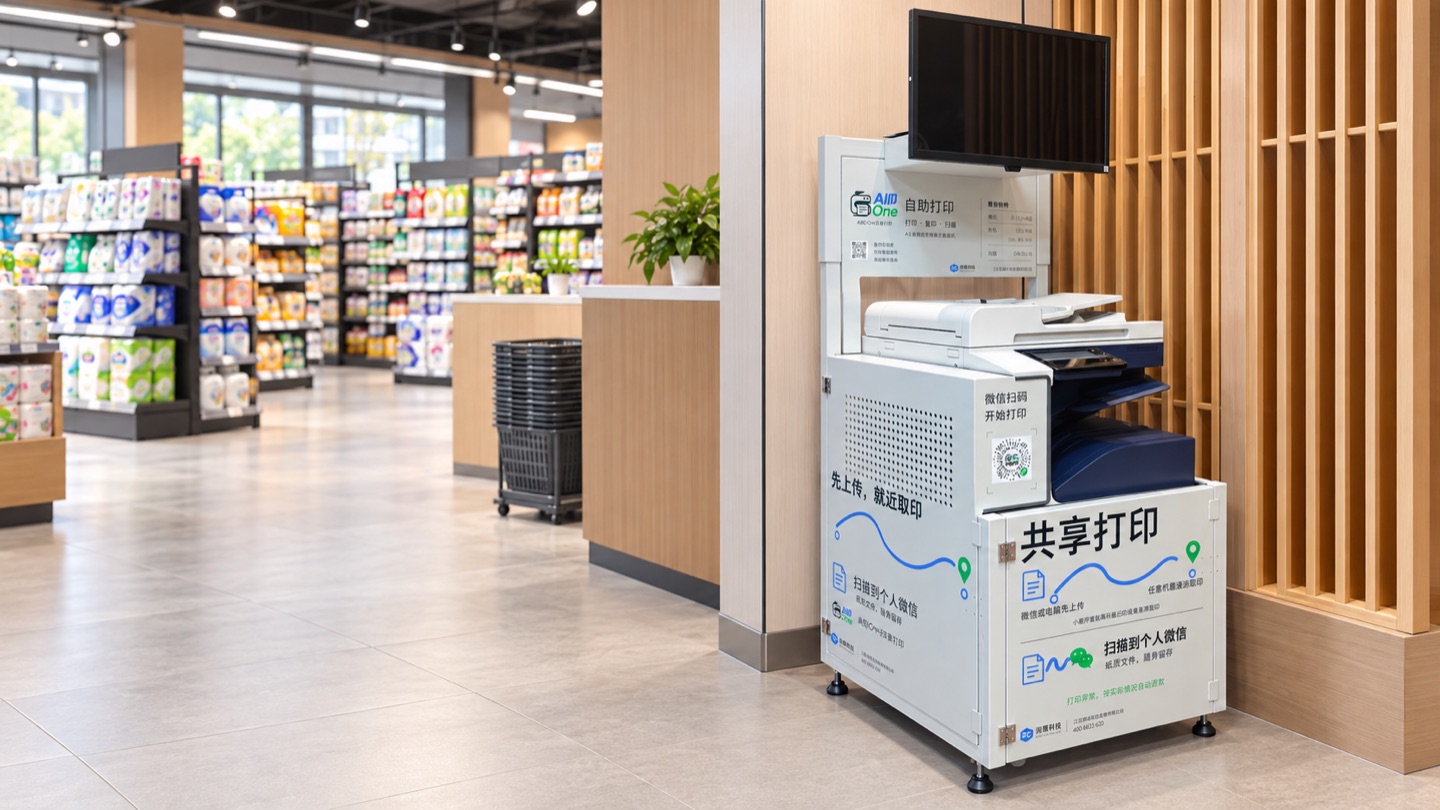 all印one商业公共服务空间共享文印应用场景AI示意